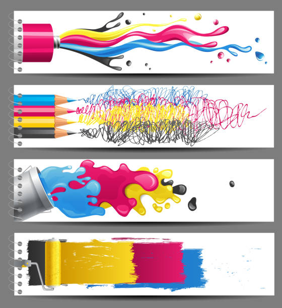 ilustrações, clipart, desenhos animados e ícones de cmyk banners - spray paint cmyk palette paintbrush