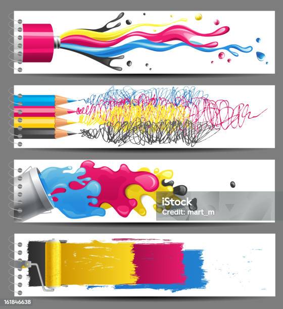 Cmyk Баннеры — стоковая векторная графика и другие изображения на тему Цветовая модель CMYK - Цветовая модель CMYK, Банка краски, Брызги
