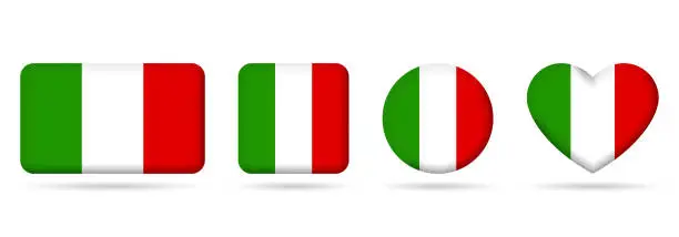 Vector illustration of Italy flag icon or badge set. Italian square, heart and circle national symbol or banner. Vector illustration.