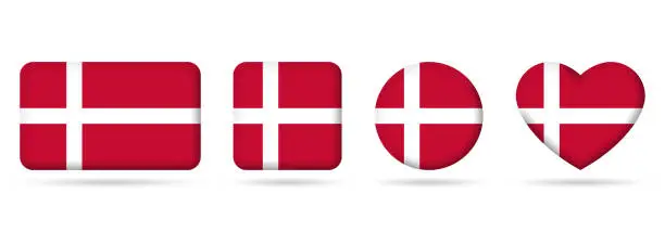 Vector illustration of Denmark flag icon or badge set. Danish square, heart and circle national symbol or banner. Vector illustration.
