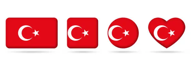 Vector illustration of Turkey flag icon or badge set. Turkish square, heart and circle national symbol or banner. Vector illustration.