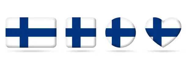 Vector illustration of Finland flag icon or badge set. Finnish square, heart and circle national symbol or banner. Vector illustration.