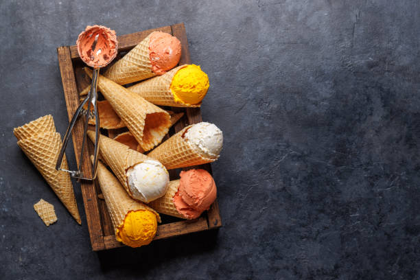istock Assorted ice cream flavours in delightful waffle cones 1618476660