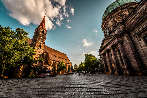 Cobbled Street Between St. Jacob Church And St. Elizabeth Church In Nuremberg, Germany