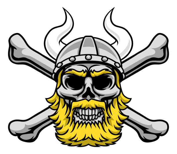 ilustraciones, imágenes clip art, dibujos animados e iconos de stock de casco de guerrero vikingo calavera pirata huesos cruzados - viking mascot warrior pirate