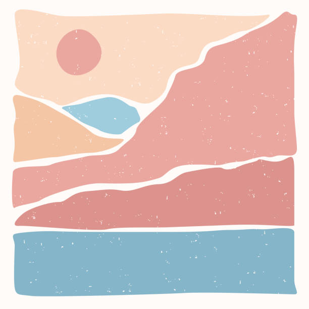 istock Modern abstract minimalist landscape poster. Sea and mountains.   Back to nature. Pastel colors. Boho mid-century  art print. Flat design. Stock vector illustration 1618481437