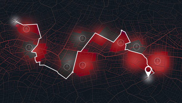 istock Isometric City Navigation and GPS map. Vector Illustrations of Urban Districts, Roads. Closed area, district. Location tracks dashboard. Pin location signs. Destination tag or mark. Red Sign. 1618487857