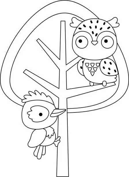 Vector illustration of a vector of a woodpecker and owl in a tree in black and white coloring