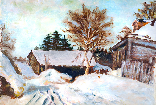 Watercolor painting  of a sunny early winter landscape