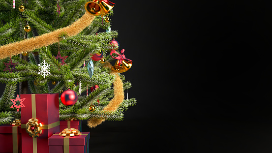 Christmas background with christmas tree, red gift boxes and copy space. Happy new year black backdrop concept 3d render illustration.