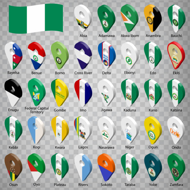 třicet sedm vlajek států nigérie - abecední pořadí s názvem. 3d mapa singlů. každá jednotlivá mapa státu je uvedena a izolována s formulacemi a názvy. nigérie. eps 10. - kano stock ilustrace