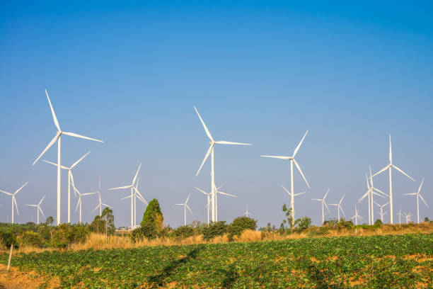 istock Wind turbines generating electricity with blue sky and agriculture field. 1618538564