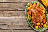 Thanksgiving turkey on rustic wooden table