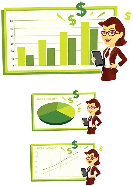 Vector illustration of Cute Sales Woman Giving Presentation 2.0