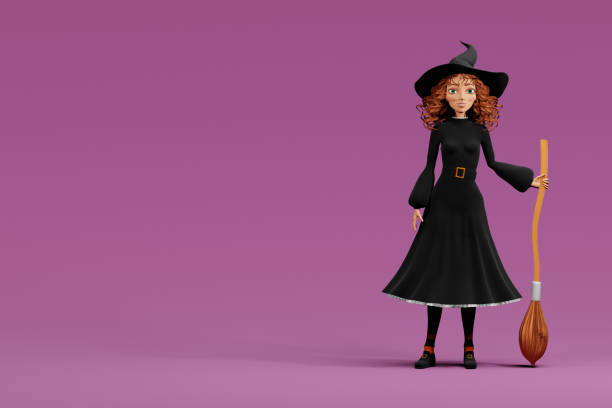 istock Cartoon Halloween witch with broom on purple background. 3d render 1618546165