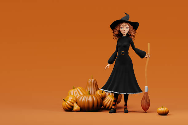 istock Cartoon Halloween witch with pumpkins on yellow background. 3d render 1618546168