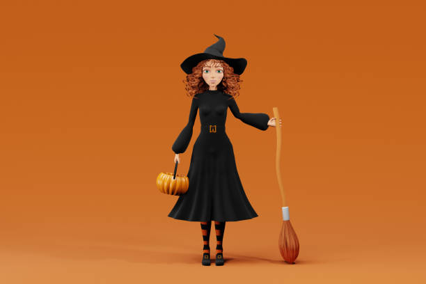 istock Cartoon Halloween witch with broom on yellow background. 3d render 1618546169