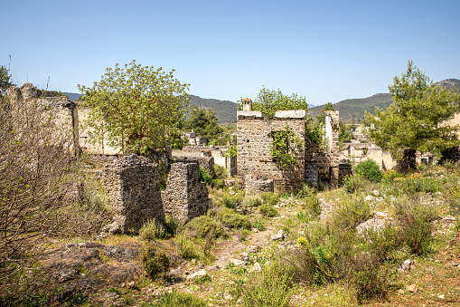 abandoned ghost town Kayaköy old names Lebessos, Carmylessus, Levissi, Fethiye, Mugla, Turkey.