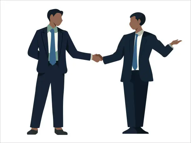 Vector illustration of flat character design, vector illustration, business dealing concept, businessman doing agreement, 2 people shaking hand , isolated on white background