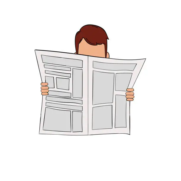Vector illustration of A hand-drawn cartoon man reads a newspaper on a white background.