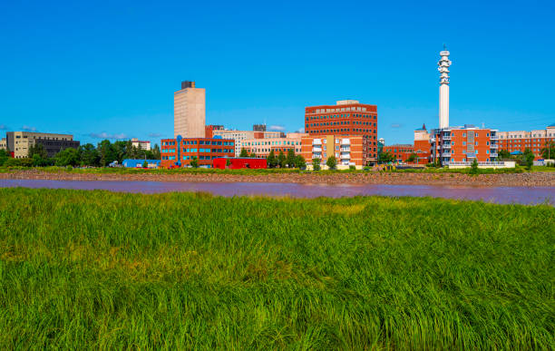 moncton city and petitcodiac river skyline at hawthorne park in riverview, new brunswick, canada - saint johns river imagens e fotografias de stock