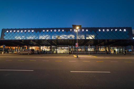 New building on  International Airport Nikola Tesla in Belgrade, Serbia, sunset, departures gate