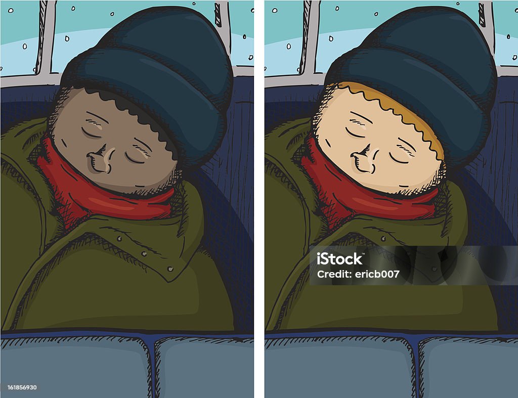 Person Asleep on Bus Person asleep on bus in dark and light skinned versions. Download includes high resolution JPG with layered EPS. Adult stock vector