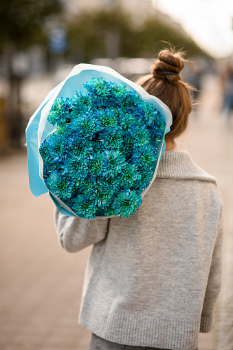 rear view of woman with large beautiful bouquet of blue chrysanthemums in wrapping paper in her hand