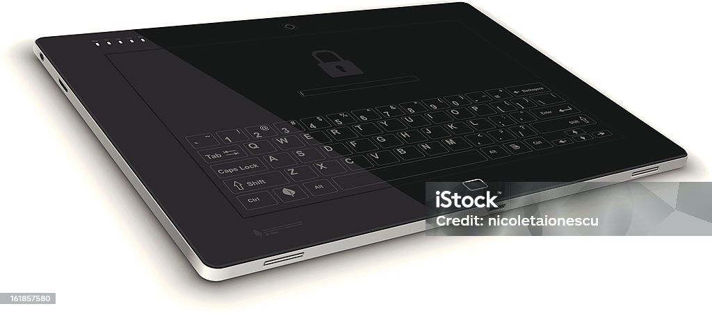 PC Tablet Left Side View on Horizontal Surface Vector illustration of a PC Tablet, with a virtual keyboard screen. Generic elegant, glossy design, light and portable. The screen is proportional to the 16/10 standard resolution.  Digital Tablet stock vector