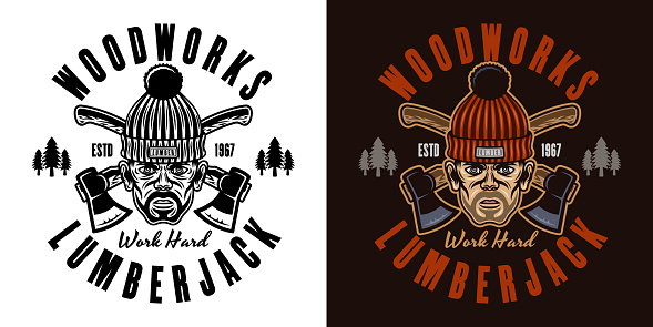 Lumberjack head in knitted hat and crossed axes vector emblem in two styles black on white and colorful