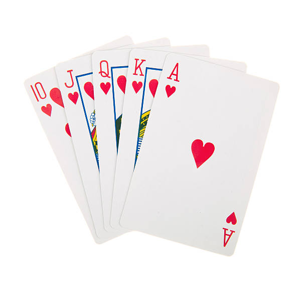 Royal straight flush playing cards poker hand in hearts stock photo