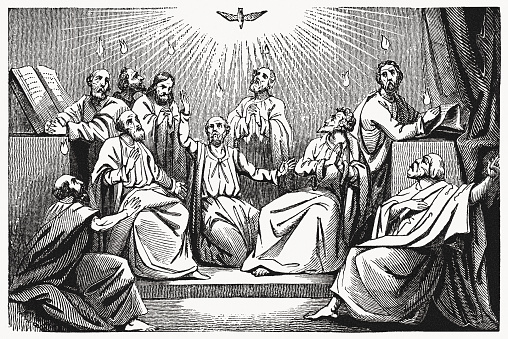 The outpouring of the Holy Spirit - the Day of Pentecost (Acts 2). Wood engraving, published  in 1837.