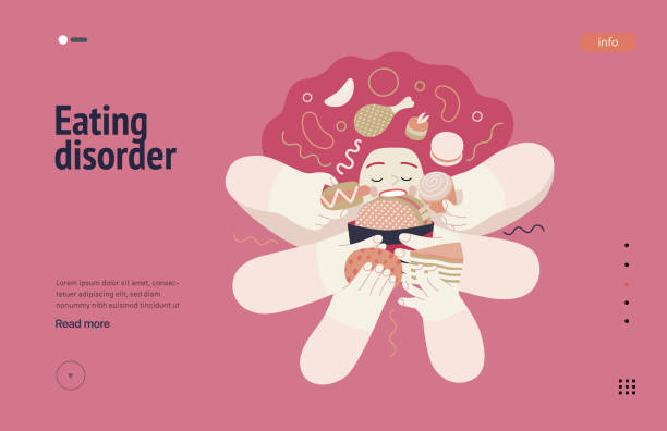 Mental disorders vector web template Mental disorders web template. Eating disorder - modern flat vector illustration of a woman stuffing herself meeting with a stress experience. People emotional, psychological, mental traumas concept brain eater stock illustrations