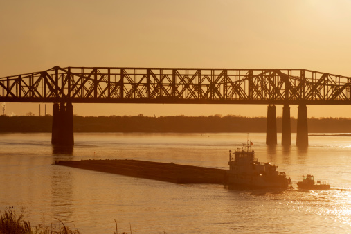 Mississippi river under old railroad bridge in Memphis, TN