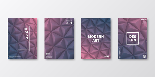 Set of four vertical brochure templates with modern and trendy abstract geometric backgrounds, isolated on blank background. Beautiful polygonal mosaics with color gradient in low poly style (colors used: Pink, Red, Purple, Blue, Gray). Can be used for different designs, such as brochure, cover design, magazine, business annual report, flyer, leaflet, presentations... Template for your own design, with space for your text. The layers are named to facilitate your customization. Vector Illustration (EPS file, well layered and grouped). Easy to edit, manipulate, resize or colorize. Vector and Jpeg file of different sizes.