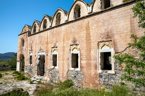 abandoned ghost town Kayaköy old names Lebessos, Carmylessus, Levissi, Church ruins, Fethiye, Mugla, Turkey.