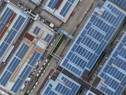 Solar power generation on the roof of workshop in aerial photography industrial zone