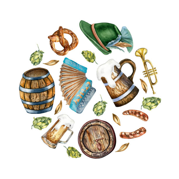 Circle of wooden barrel, pint of beer, German hat, accordion watercolor illustration isolated on white. Pretzel, trumpet, beer, hops hand drawn. Design for beer festival, mat, wrapping, sticker Circle of wooden barrel, pint of beer, German hat, accordion watercolor illustration isolated on white. Pretzel, trumpet, beer, hops hand drawn. Design for beer festival, mat, wrapping, sticker. water colour beer hops stock illustrations