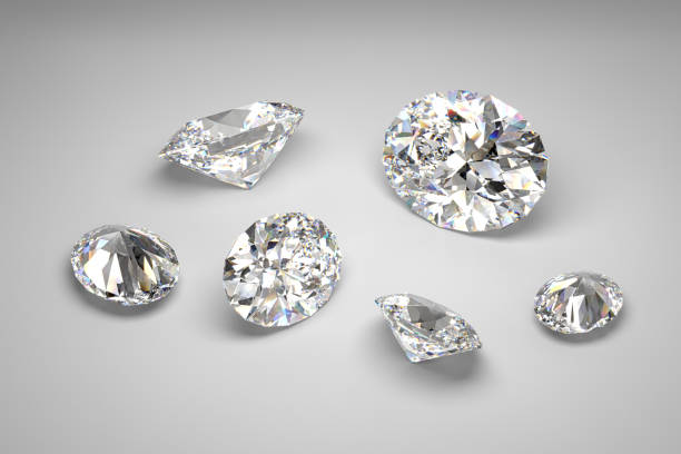 istock Scattering of diamonds of different sizes on a white background. Pear cut. 3d rendering. 1618649222