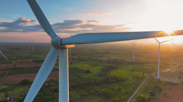 Aerial view Wind Turbines produce clean energy for the better world
