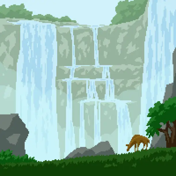 Vector illustration of pixel art waterfall cliff nature