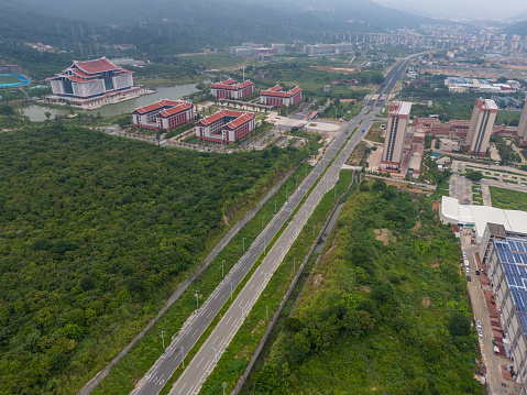 Aerial view of the university town and residential buildings and roads in the suburbs