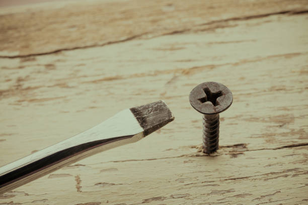 Wrong tool for this job. Screw and screwdriver on old wooden background. Recruitment, HR human resources management in business company, put the right man on the right job concept.