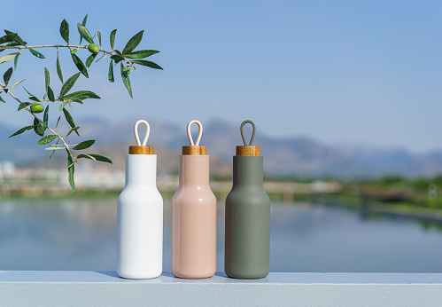 Modern metal water bottles with olive tree bushes, water surface on the background