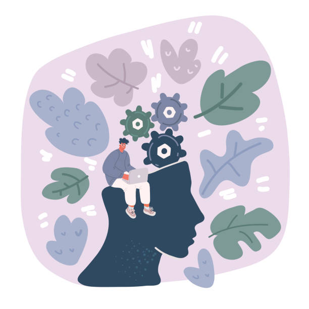 istock Work and study, skills growth of employee. Tiny man with laptop near human head with rocket and gears flat vector illustration. qualification concept for banner, website design or landing web page 1618724975