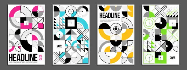 Vector illustration of Abstract geometric posters and covers set, vector background pattern magazine or catalog templates, technic style geometric shapes composition.