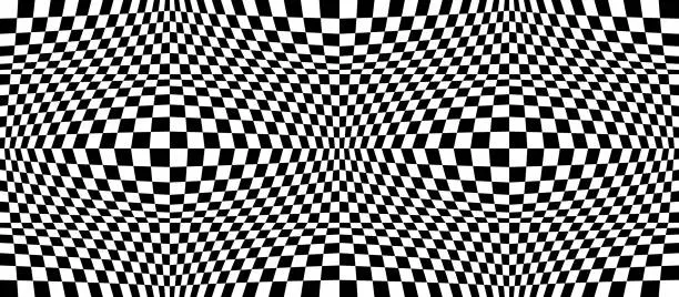 Vector illustration of Checkered seamless pattern with optical illusion of spherical volume, black and white geometric abstract background, chess board 3D effect op art.