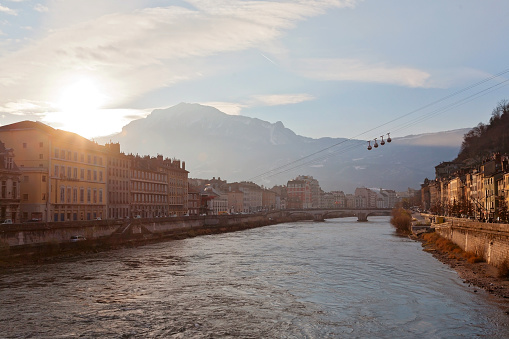 Panoramic view over Grenoble and the French Alps during winter, France