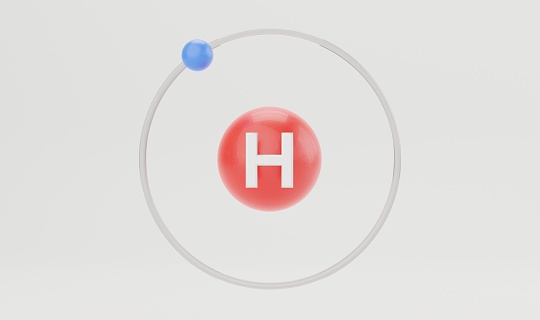 Digital 3D Illustration Bohr Model of Hydrogen Graphic Formula Chemical. Hydrogen Atomic Model Structure Diagram Illustration. 3D Rendering for learning Chemistry and Science. Proton Electron Neutron.