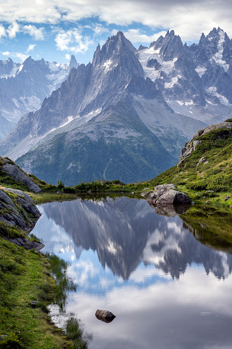 Panorama of the Mont Blanc massif from Lac Blanc around Chamonix in summer